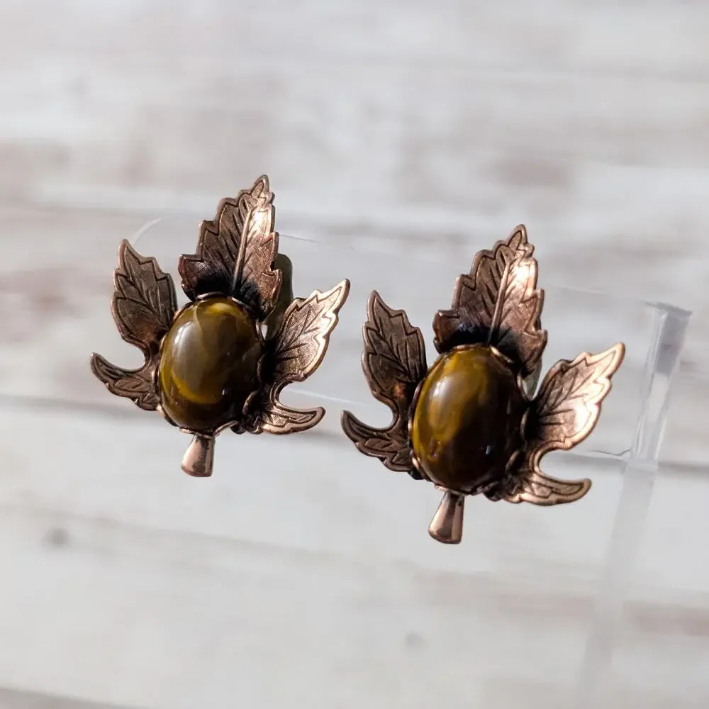 Vintage Clip On Earrings Statement Leaf Large